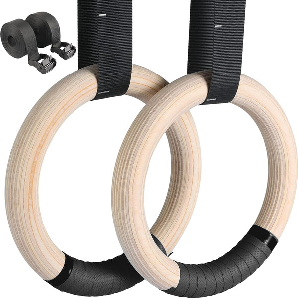 Turnringe Holz Ringe Turnen Gymnastikringe 28mm/32mm, Olympische Gymnastik Rings mit Griffband, Verstellbaren Buckle Straps und Markierungen, Ringe Training für Full Body Workout