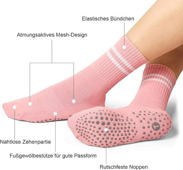 Rutschfeste Yoga & Pilates Socken für Damen, 4er Set in Schwarz/Bunt mit Premium Grip-Noppen